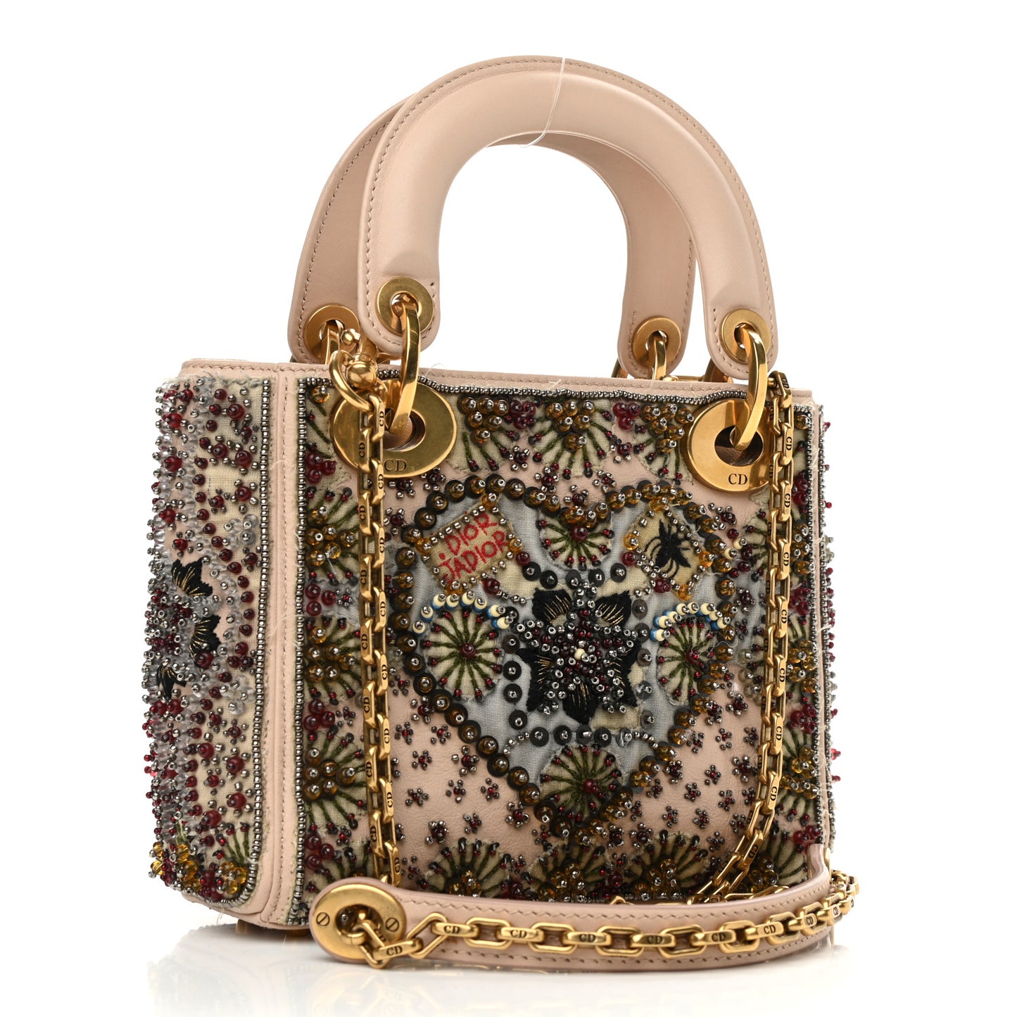 Calfskin Beaded Mini Lady Dior Beige Multicolor