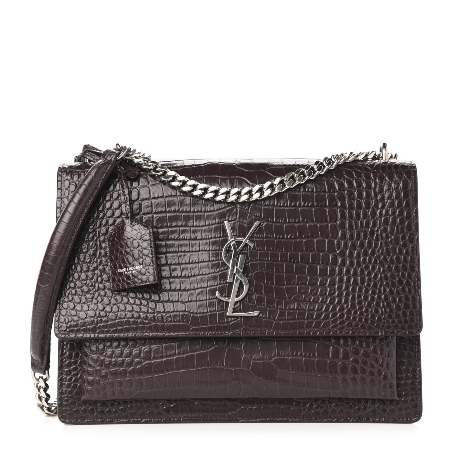 Calfskin Crocodile Embossed Medium Monogram Sunset Brown