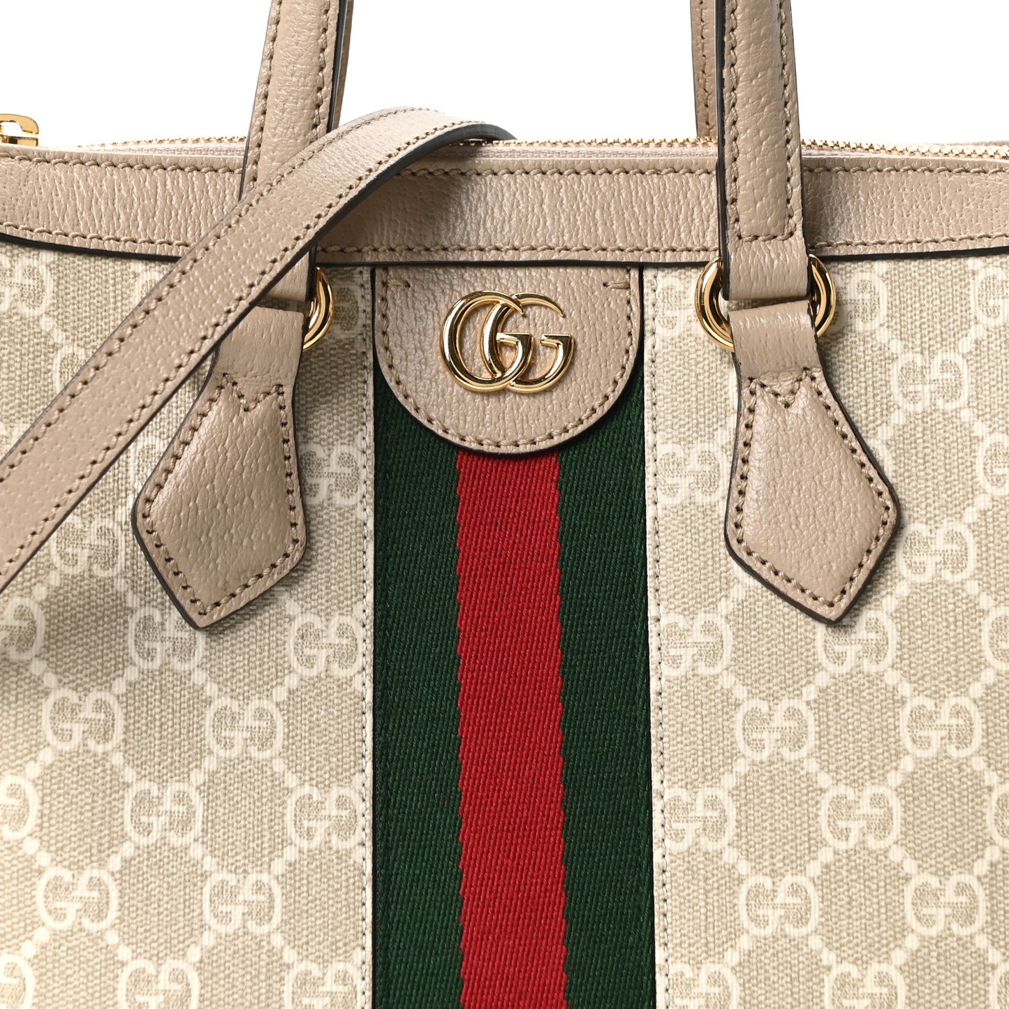 GG Supreme Monogram Textured Dollar Calfskin Web Small Ophidia Tote Bag Beige Mystic White Oatmeal