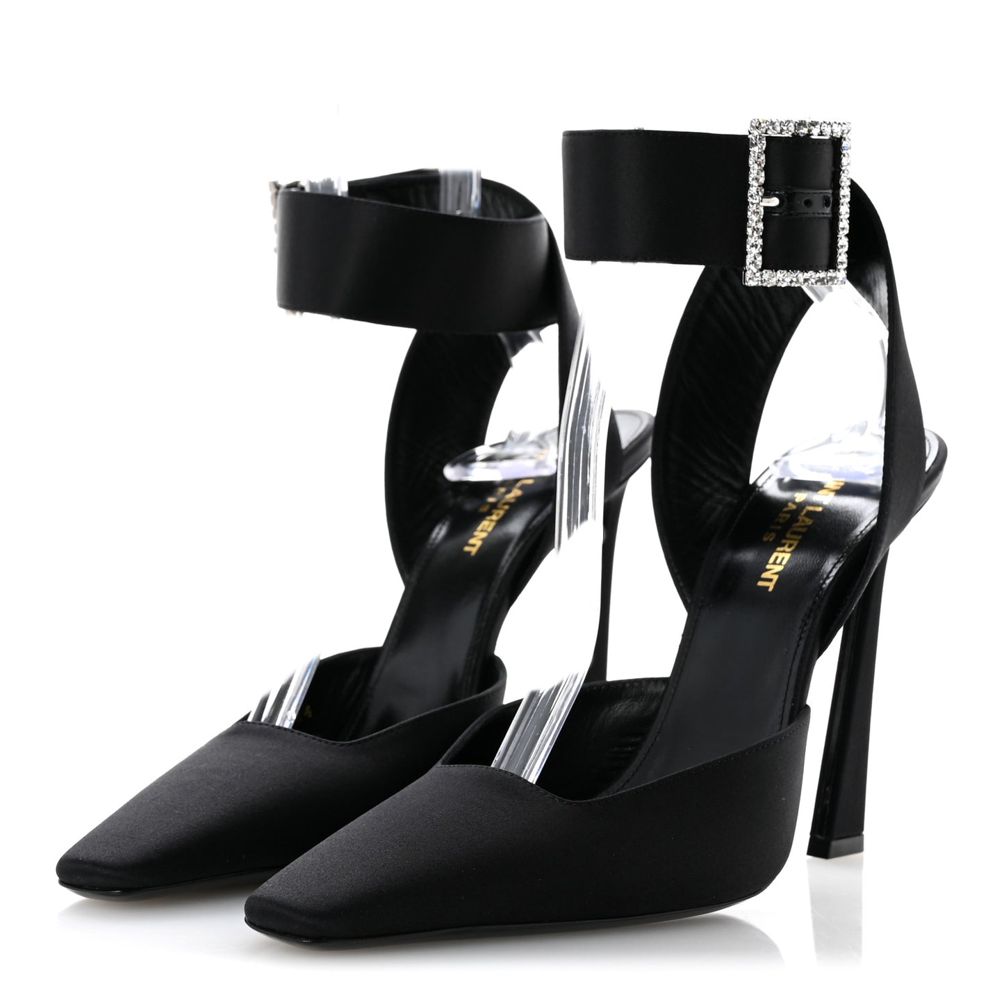 Crepe Satin Crystal Buckle Claude 110 Slingback Pumps 38.5 Black