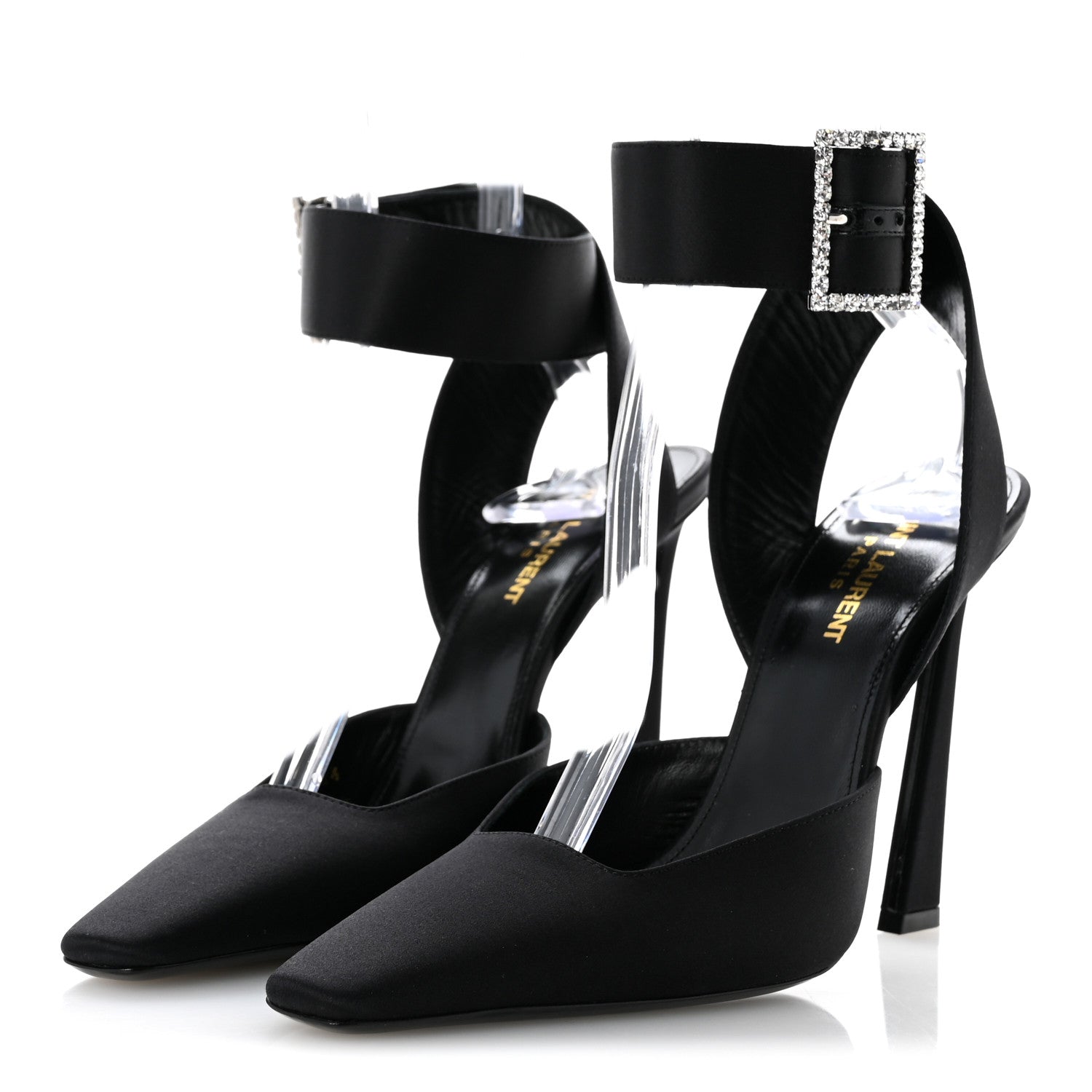 Saint Laurent Crepe Satin Crystal Buckle Claude 110 Slingback Pumps 38.5 Black 4 of 12