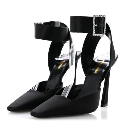 Saint Laurent Crepe Satin Crystal Buckle Claude 110 Slingback Pumps 38.5 Black 4 of 12