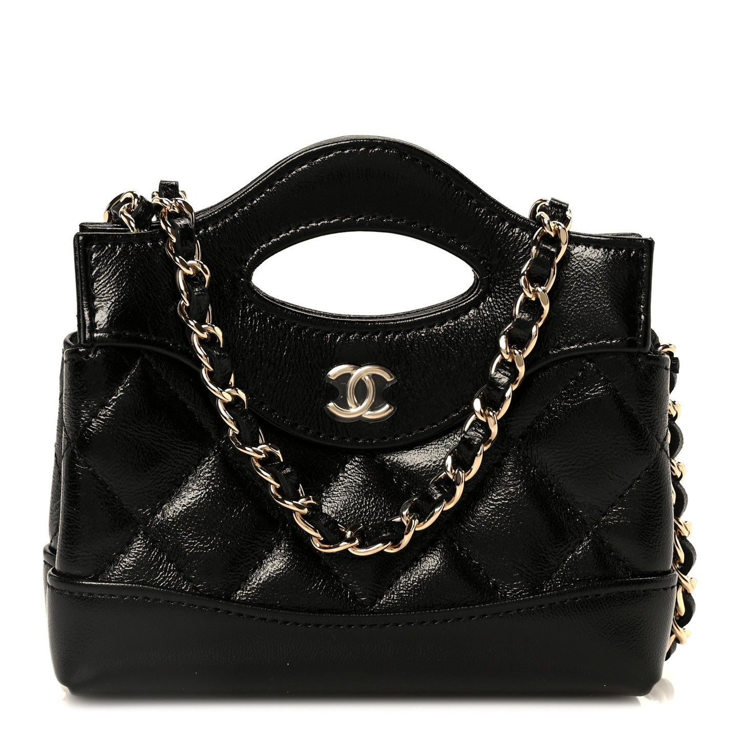 Shiny Lambskin Quilted Micro 31 Clutch With Chain Black