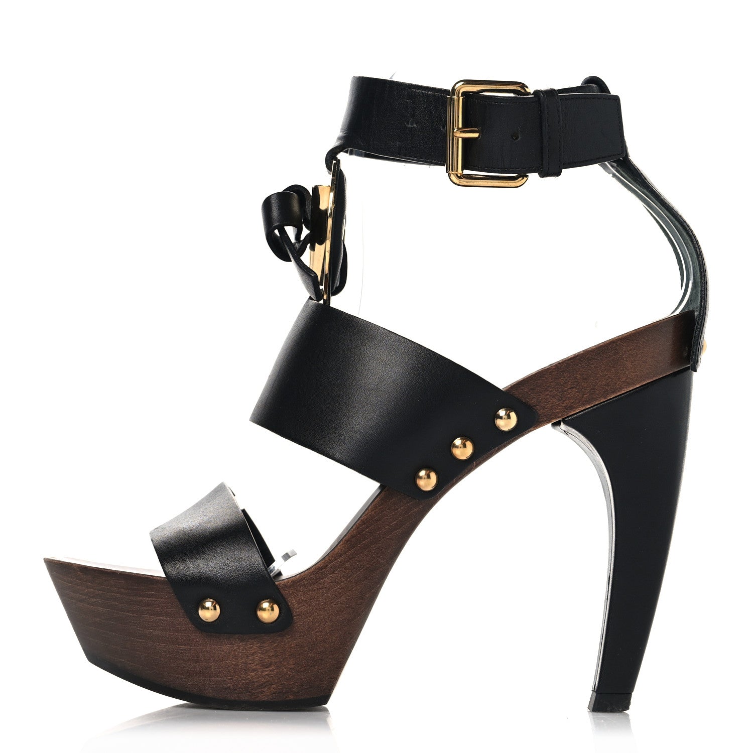 Louis Vuitton Wood Calfskin Vedette Platform Sandals 37.5 Black 1 of 9