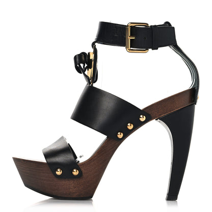 Louis Vuitton Wood Calfskin Vedette Platform Sandals 37.5 Black 1 of 9