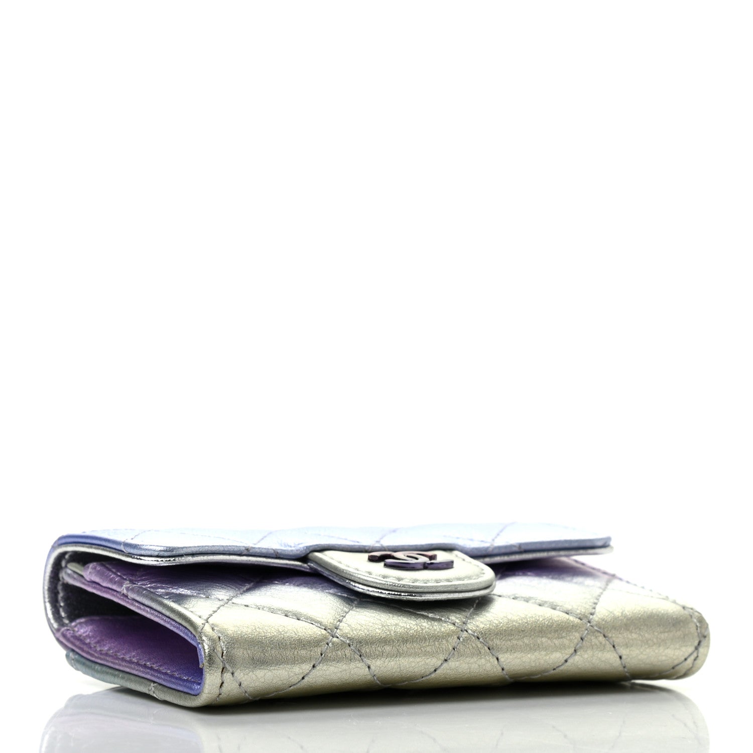 Chanel Gradient Metallic Calfskin Quilted Flap Card Holder Wallet Silver Blue Yellow Purple 4 of 8