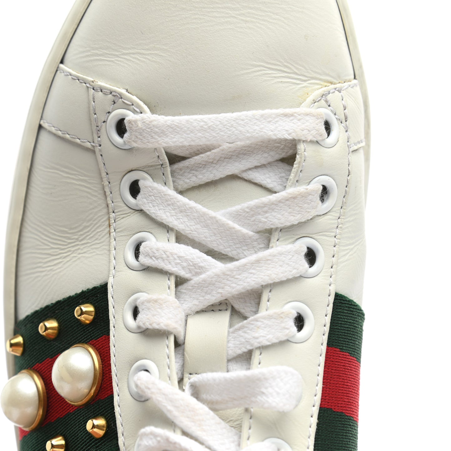 Calfskin Web Pearl Studded Womens Ace Sneakers 35 White