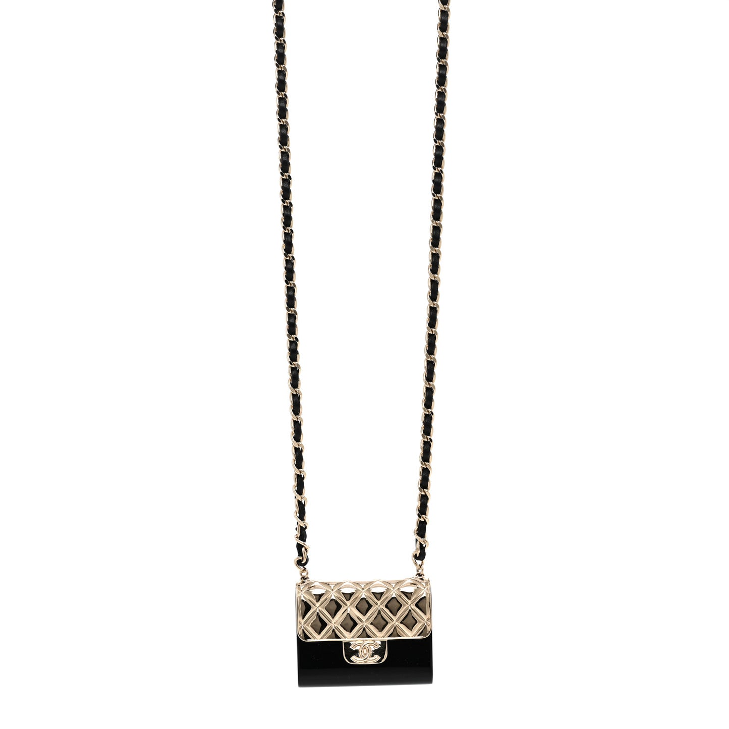 Metal Resin Lambskin Flap Bag Long Necklace Gold Black