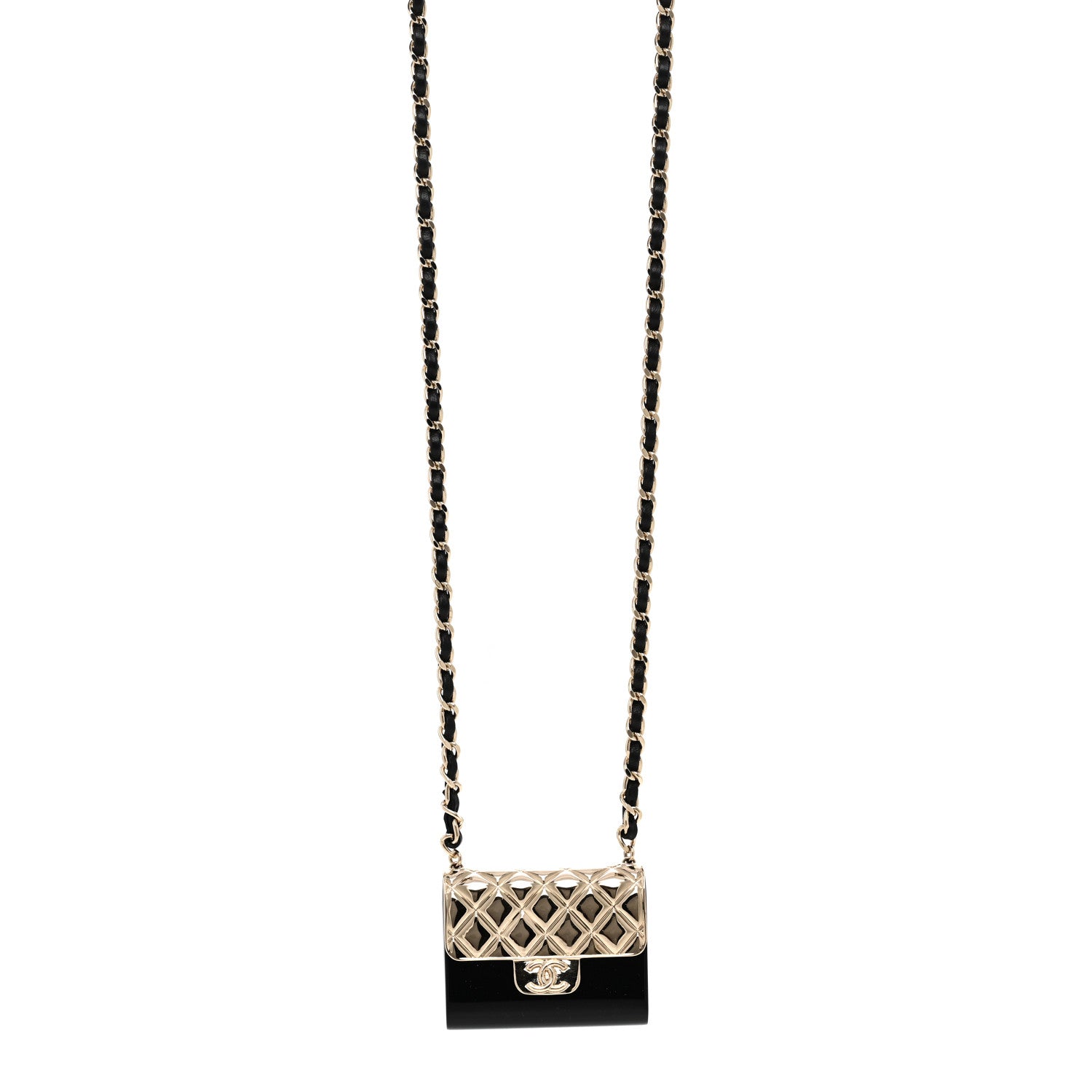 Chanel Metal Resin Lambskin Flap Bag Long Necklace Gold Black 1 of 6