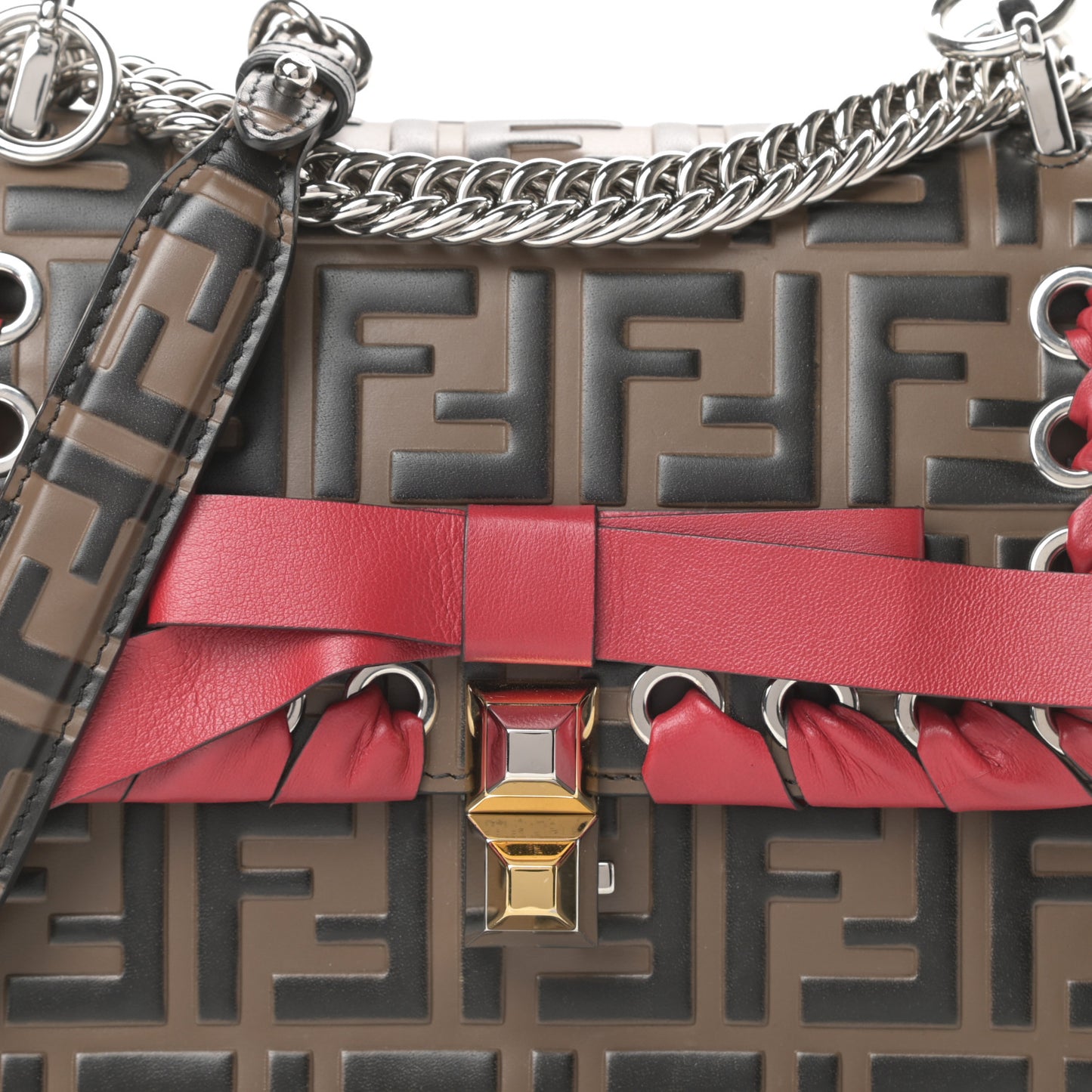 Vitello Shiny Nappa Bi-Color FF 1974 Lace Up Bow Embossed Small Kan I Shoulder Bag Maya Black Fragola