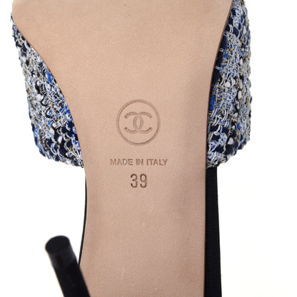 Chanel Tweed Grosgrain Pearl Mules 39 Navy White Black 9 of 13