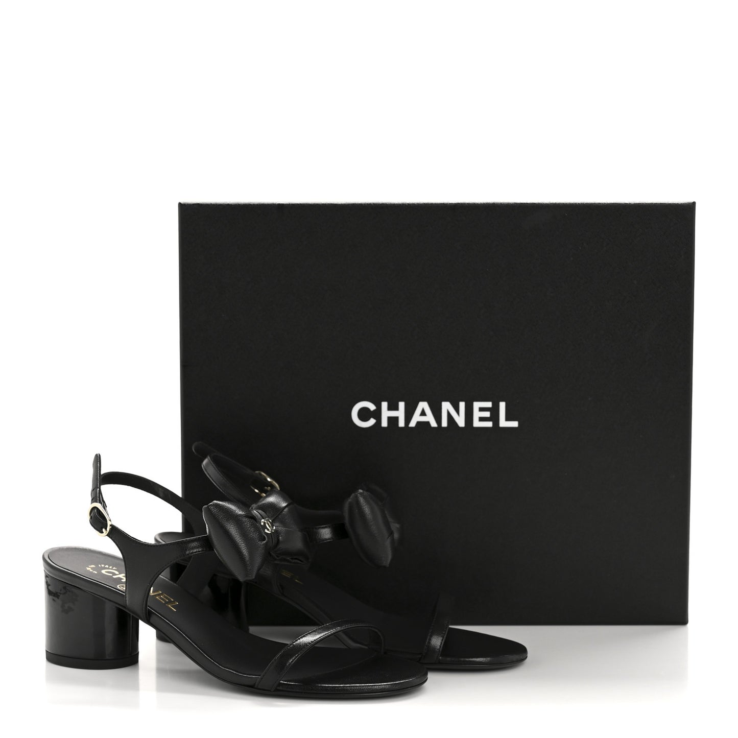 Lambskin CC Bow 55mm Sandals 36 Black