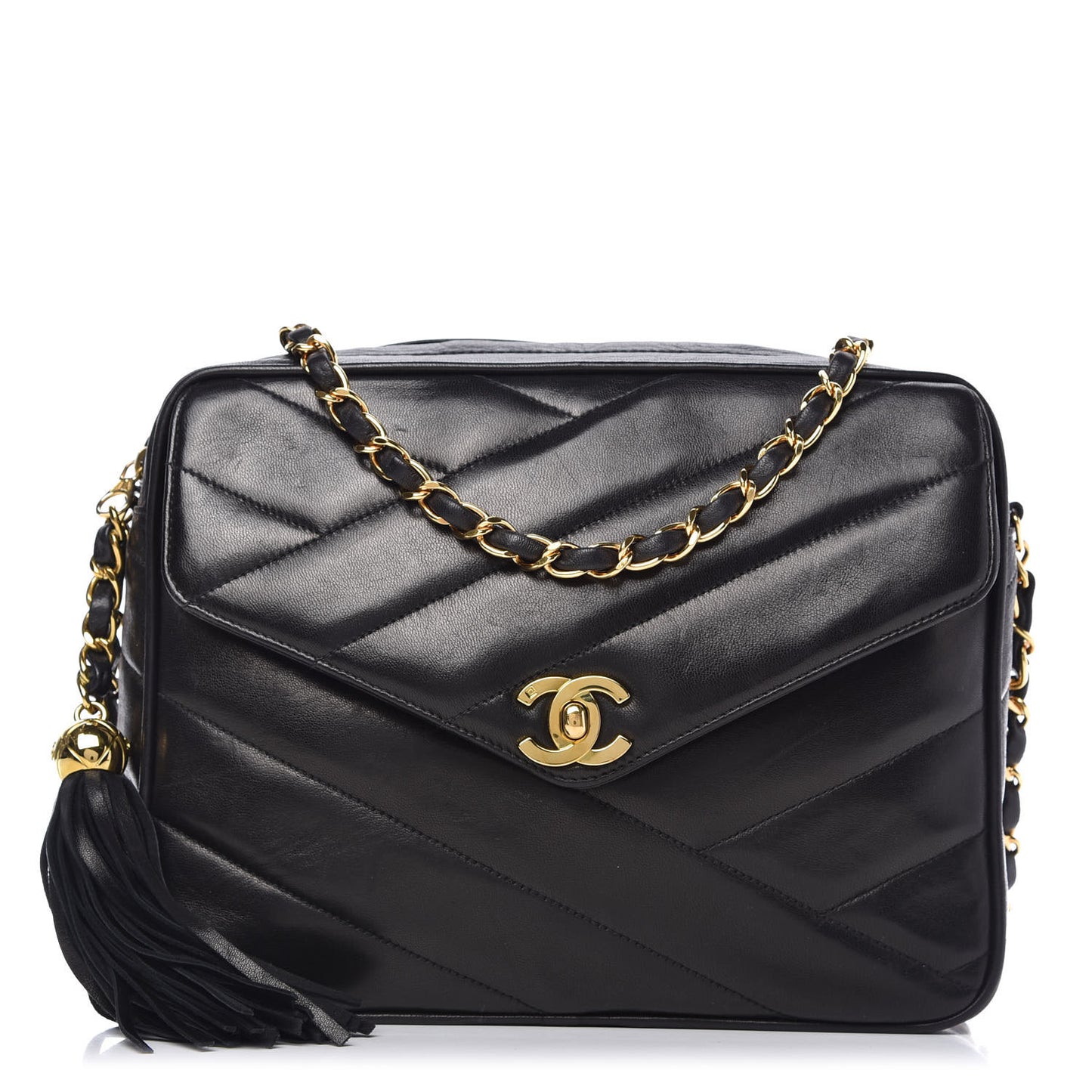 Lambskin Chevron Quilted Tassel Camera Case Black