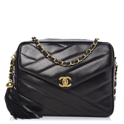 Chanel Lambskin Chevron Quilted Tassel Camera Case Black 1 of 12