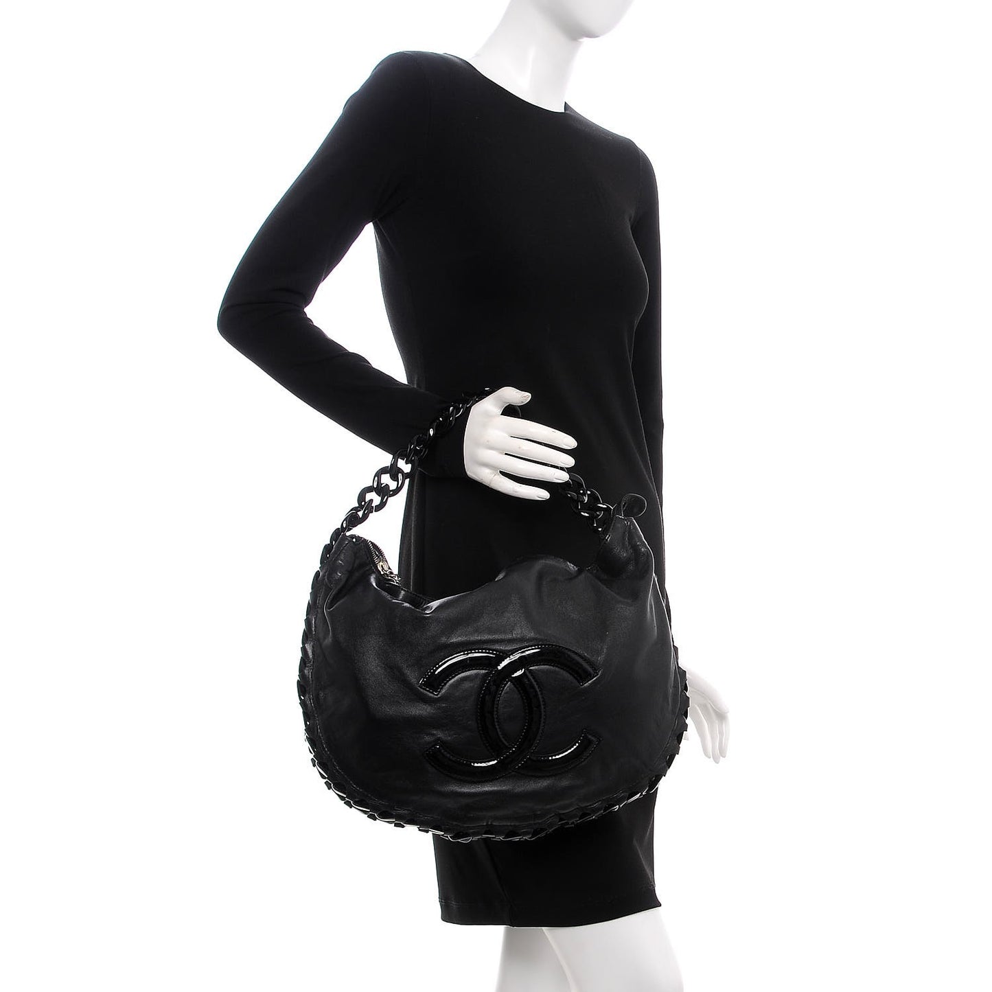Calfskin Modern Chain Rhodoid Hobo Black