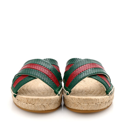Gucci Malaga Kid Perforated Criss Cross Espadrille Slide Sandals 37.5 Emerald Hibiscus Red 3 of 10