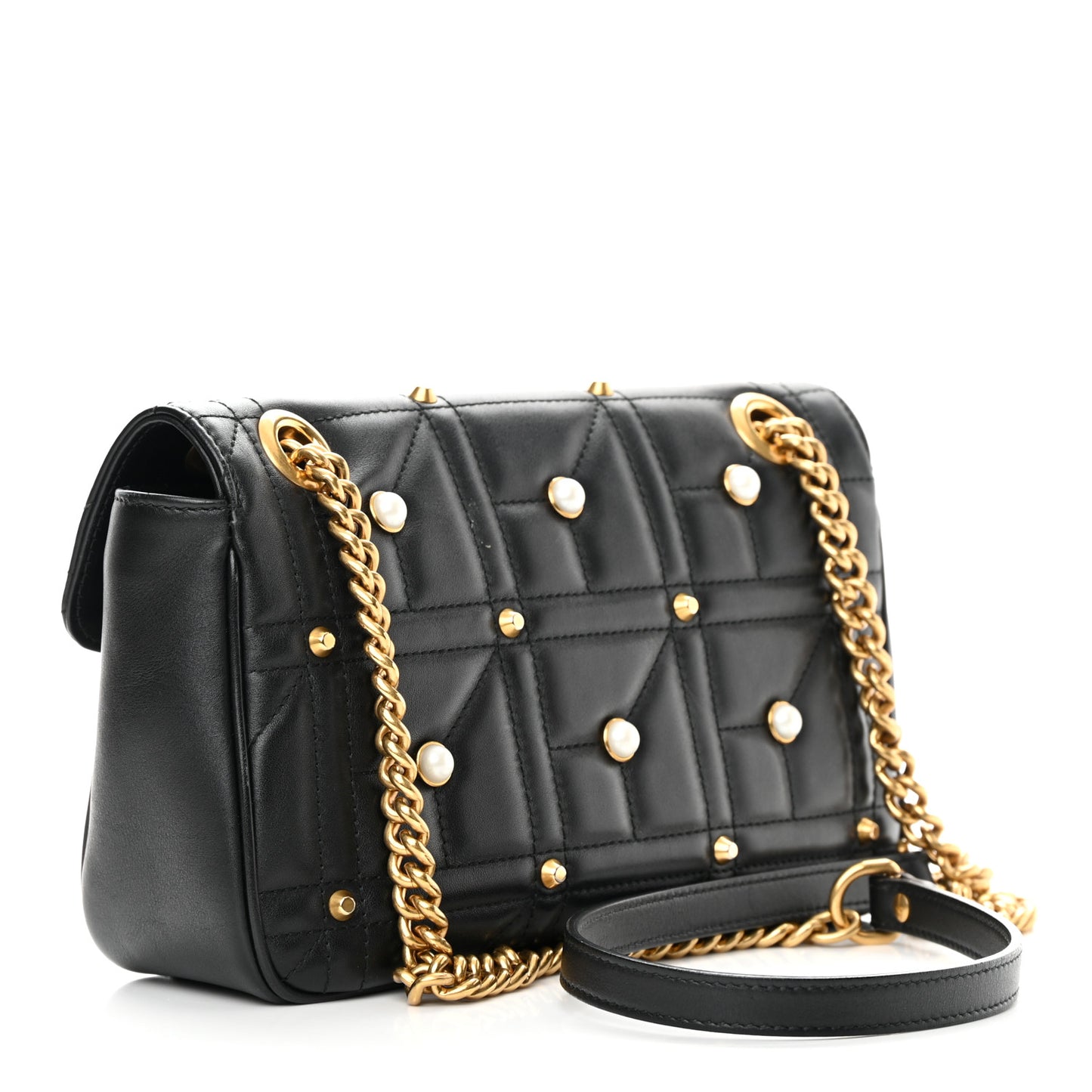 Calfskin Matelasse Studded Small Pearly GG Marmont Shoulder Bag Black