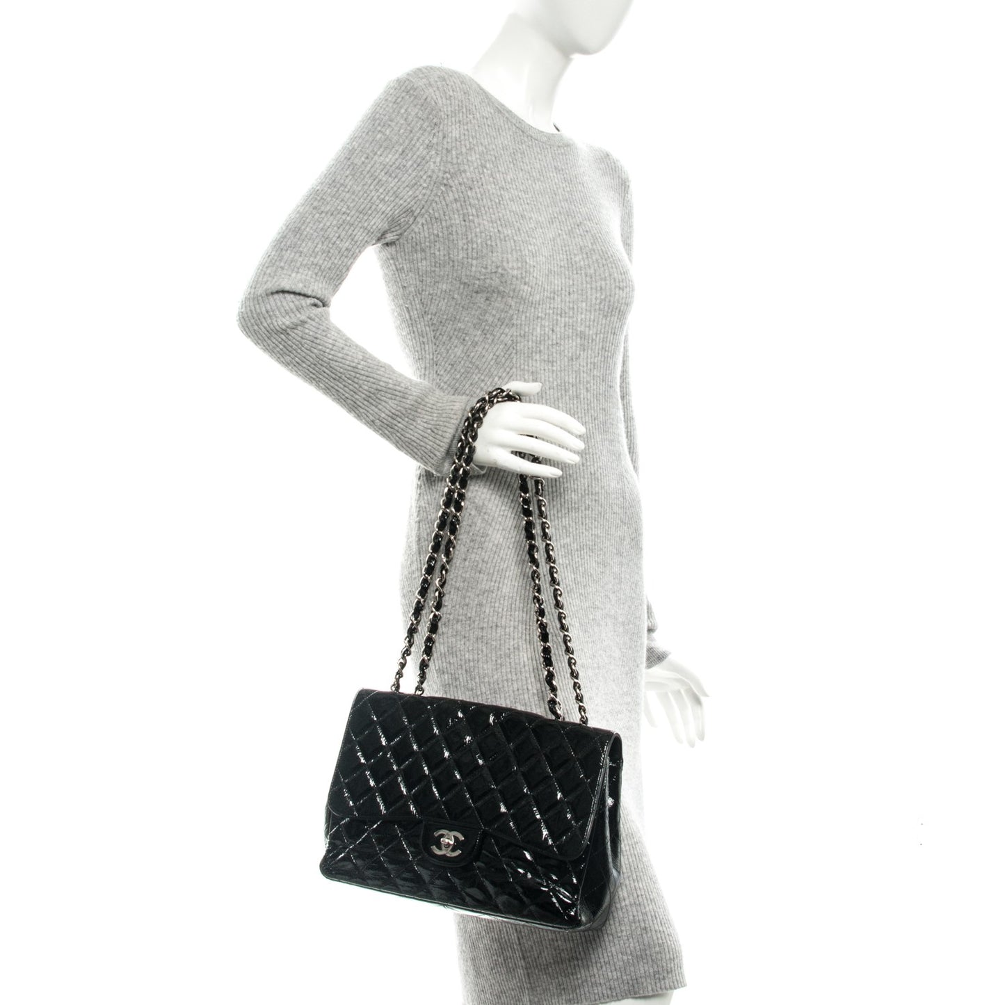 Distressed Patent Quilted Jumbo Single Flap Black