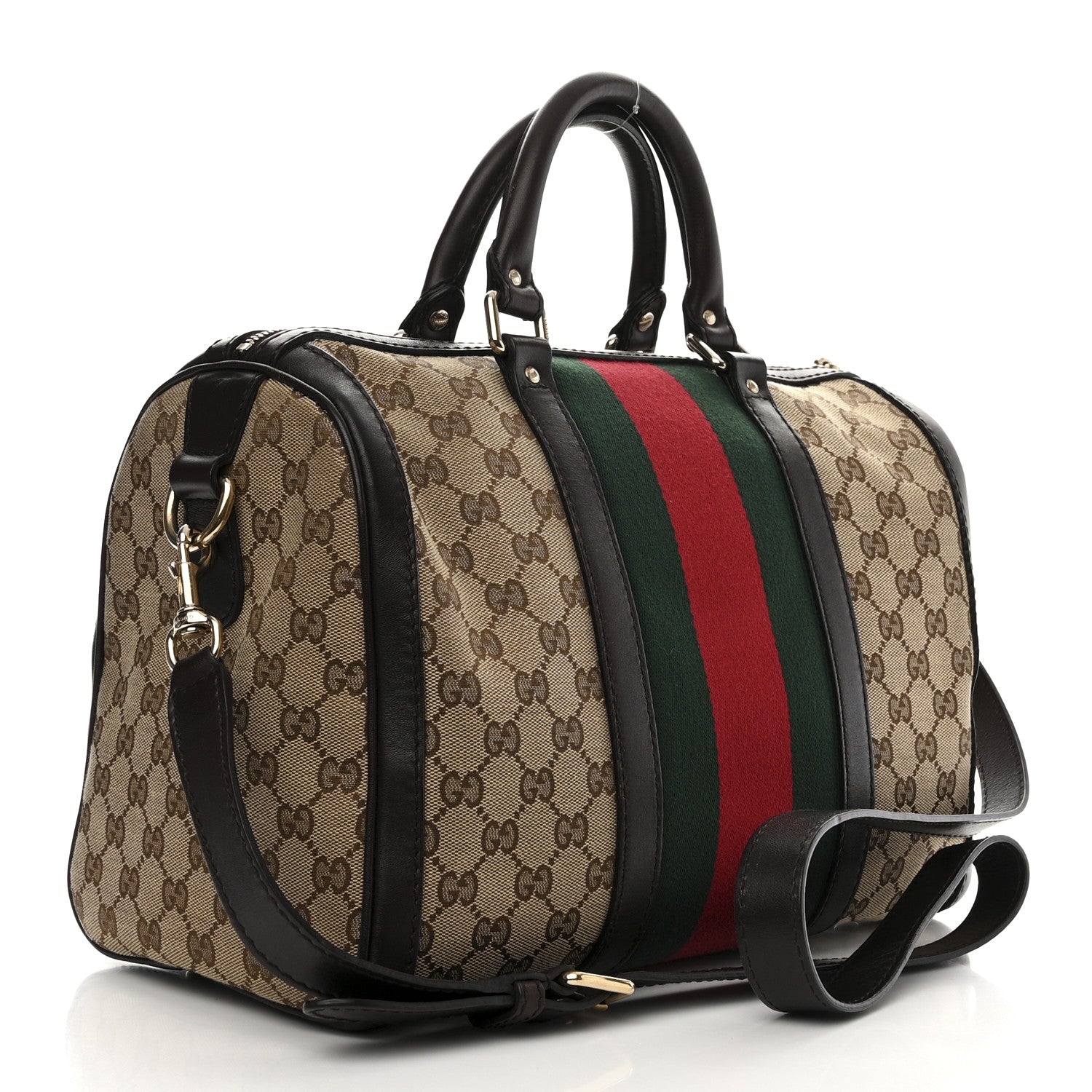 Gucci Monogram Selleria Calfskin Vintage Web Medium Boston Beige Ebony Cocoa 3 of 14