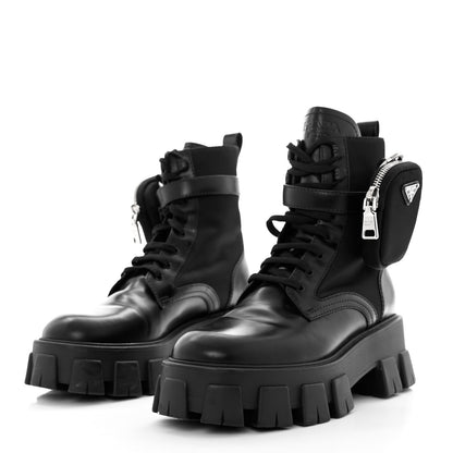 Prada Spazzolato Rois Nylon Metal Triangle Logo Monolith Pouch Pocket 55mm Boots 39 Black 3 of 13