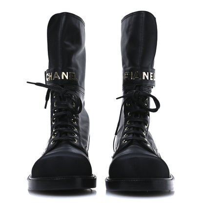 Chanel Shiny Calfskin Lace Up Combat Boots 40 Black 3 of 8