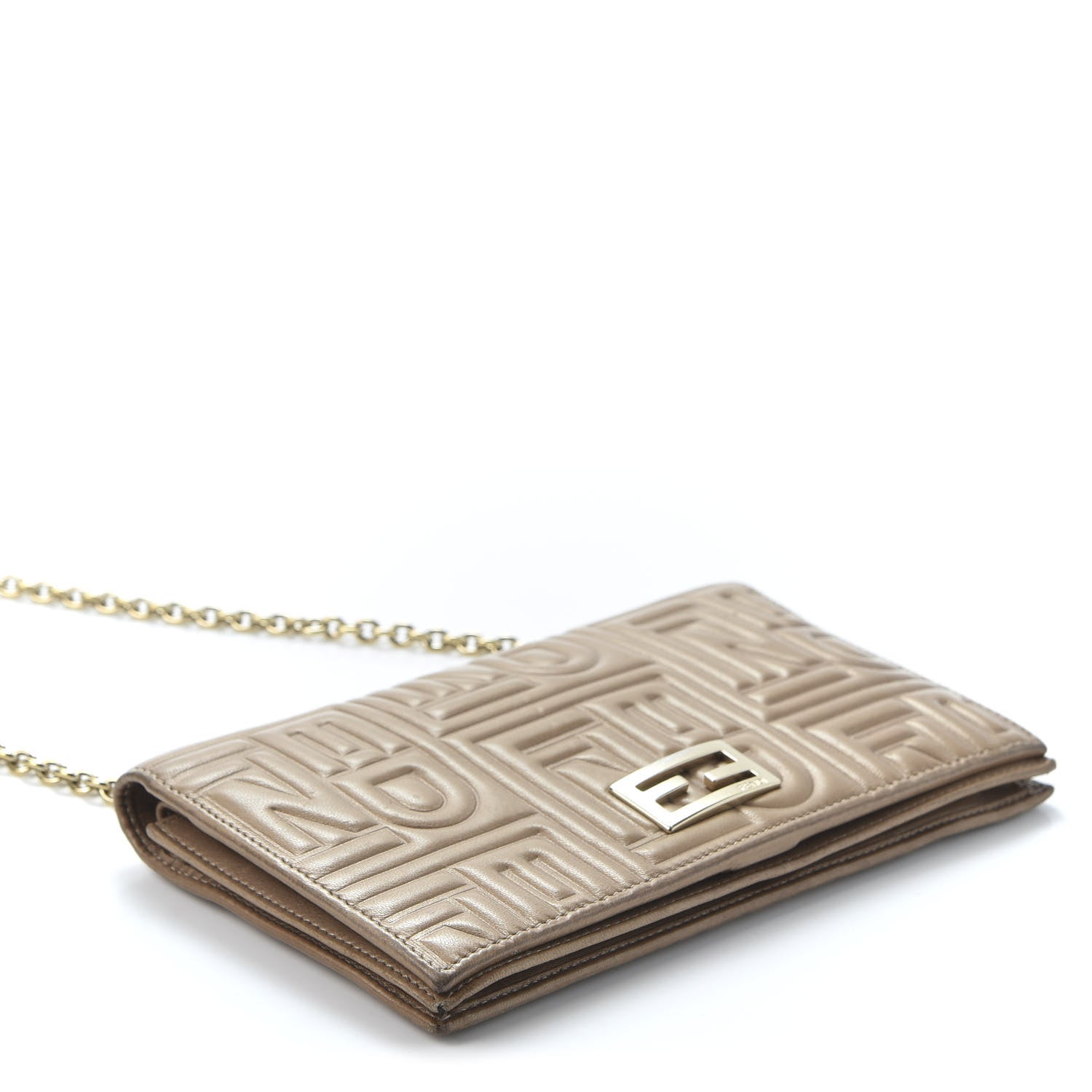 Fendi Metallic Nappa Logo Embossed Long Wallet On Chain Gold 3 of 11