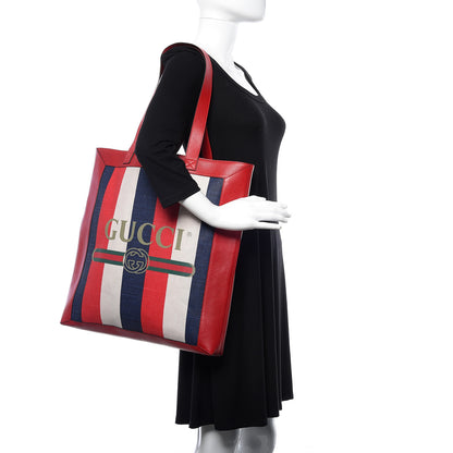 Gucci Canvas Calfskin Sylvie Stripe Logo Mens Tote Red White Blue 2 of 8