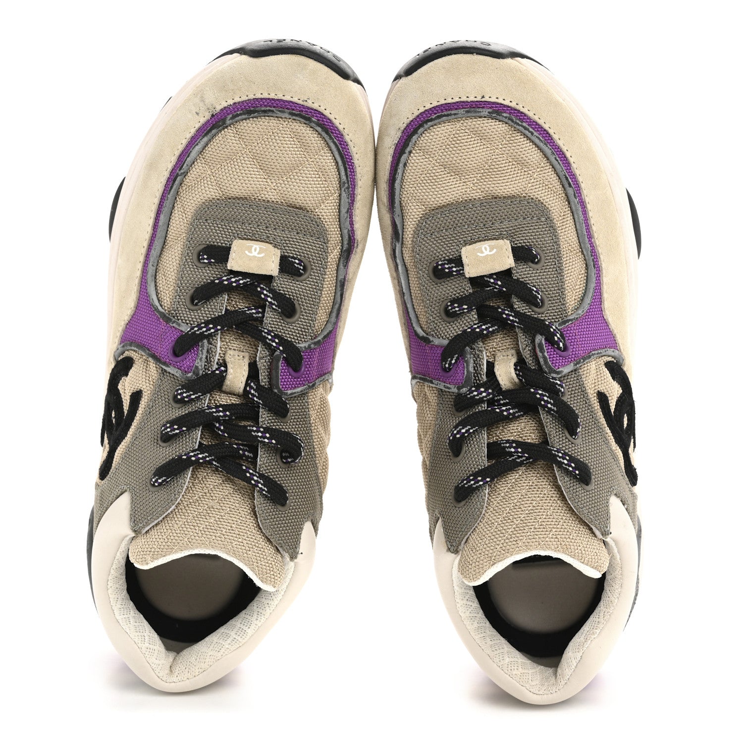 Chanel Fabric Suede Calfskin Womens CC Sneakers 38.5 Beige Dark