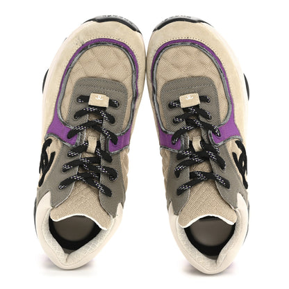 Chanel Fabric Suede Calfskin Womens CC Sneakers 38.5 Beige Dark Beige Purple 2 of 11