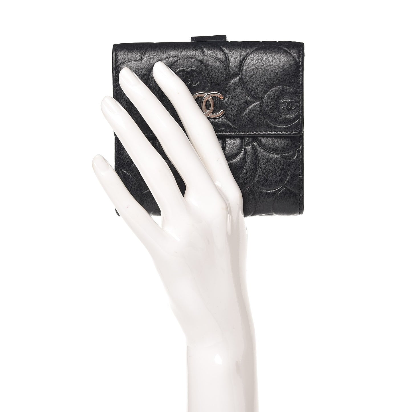 Lambskin Embossed Camellia French Wallet Black