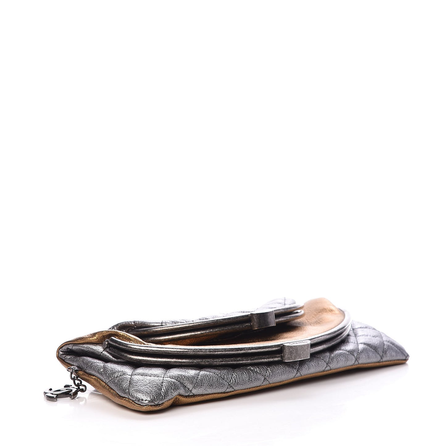 Metallic Goatskin Quilted Frame Clasp Flap Clutch Silver Gold