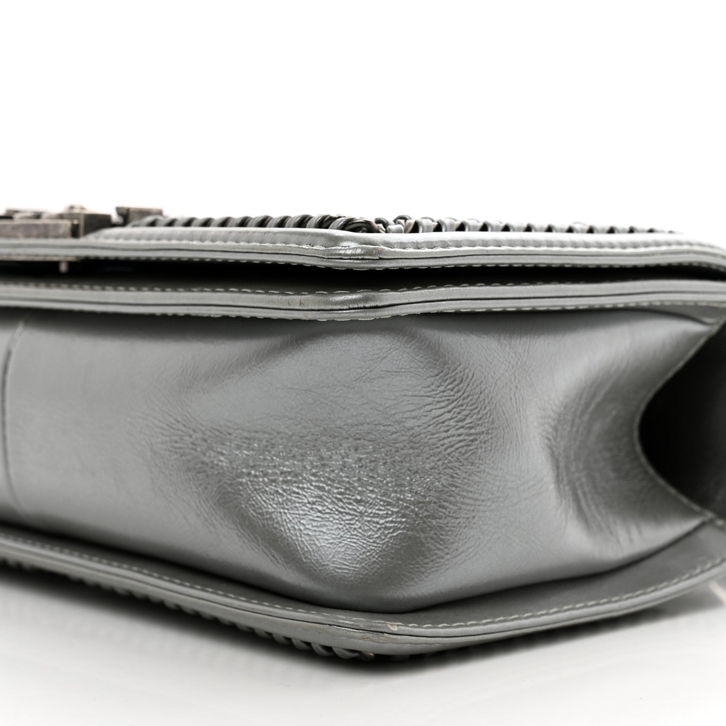 Metallic Aged Calfskin Quilted Medium Top Handle Boy Flap Silver