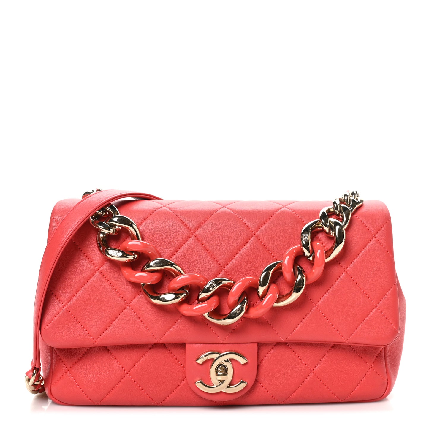 Lambskin Quilted Resin Bi-Color Chain Flap Bag Red