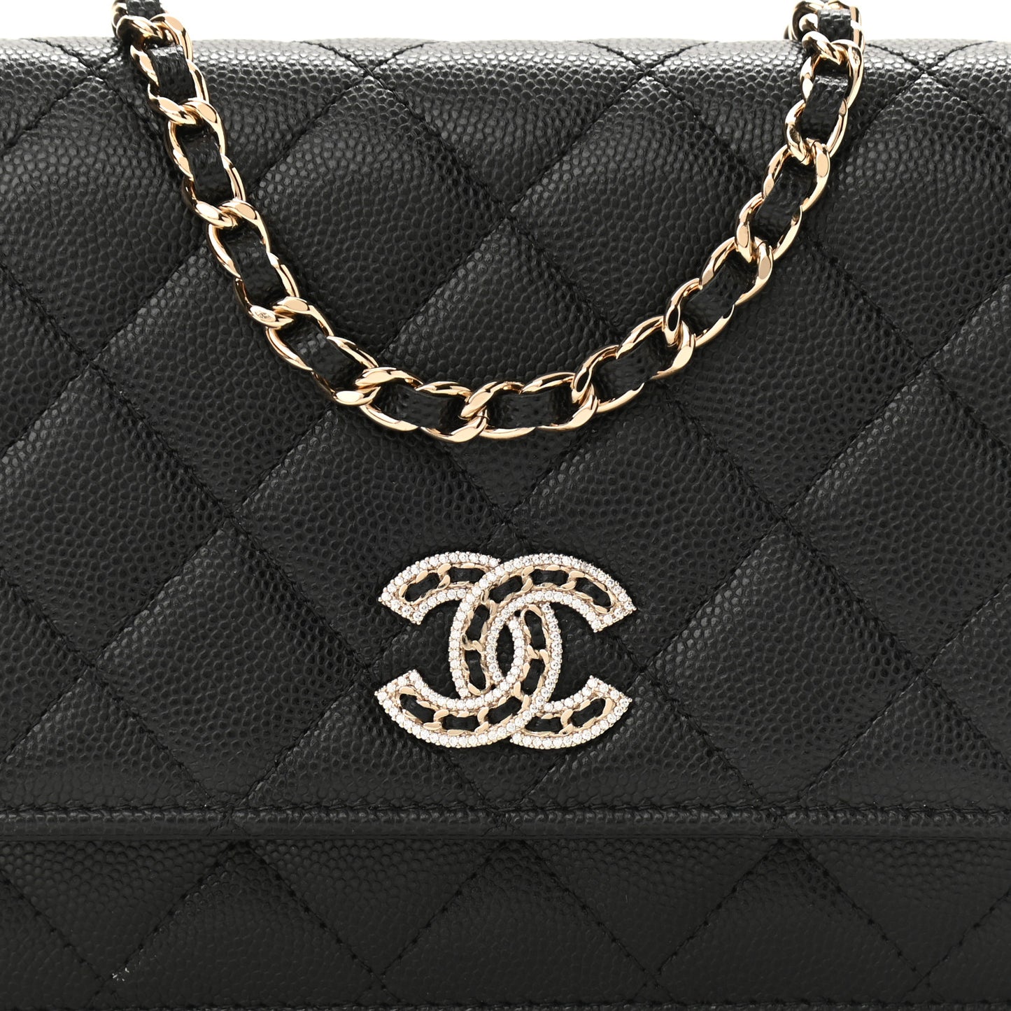 Caviar Quilted Crystal CC Wallet On Chain WOC Black