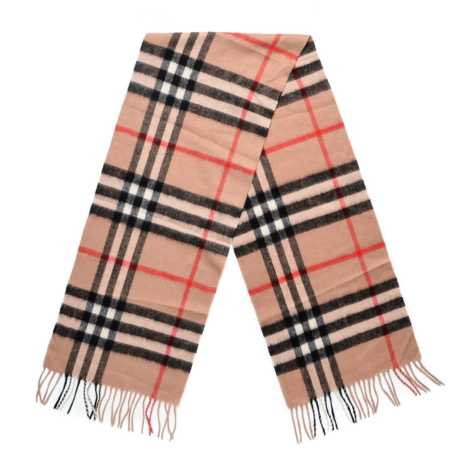 Burberry Cashmere Wool Classic Check Fringe Scarf Camel 1 of 3