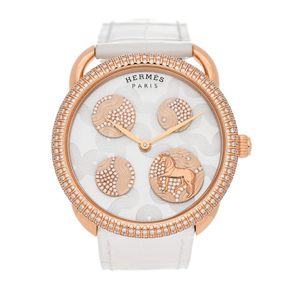 Hermes 18K Rose Gold Alligator Diamond Bezel 38mm Arceau Cheval Cosmique Automatic Watch Blanc 1 of 5