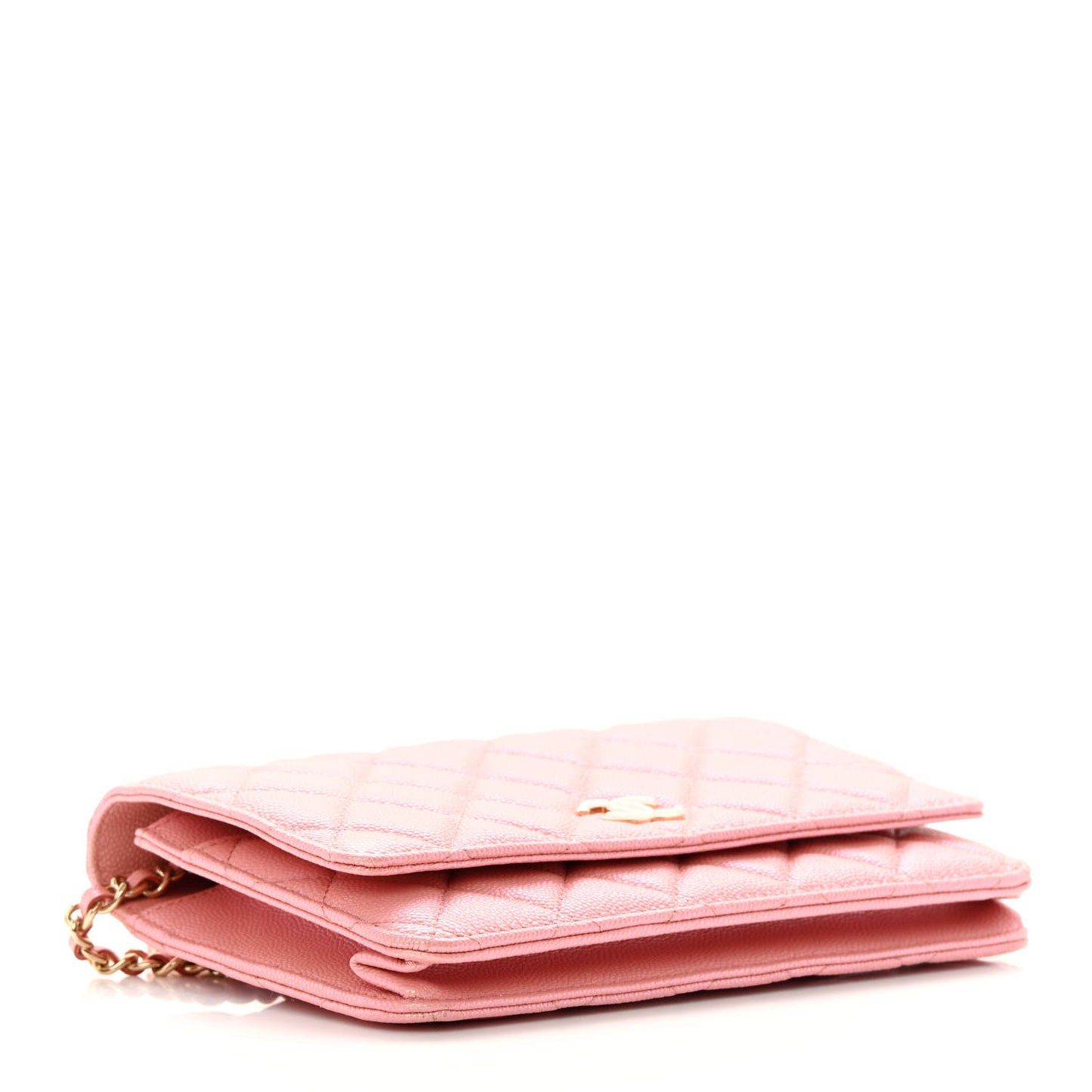 Iridescent Caviar Quilted Wallet on Chain WOC Rose Pink