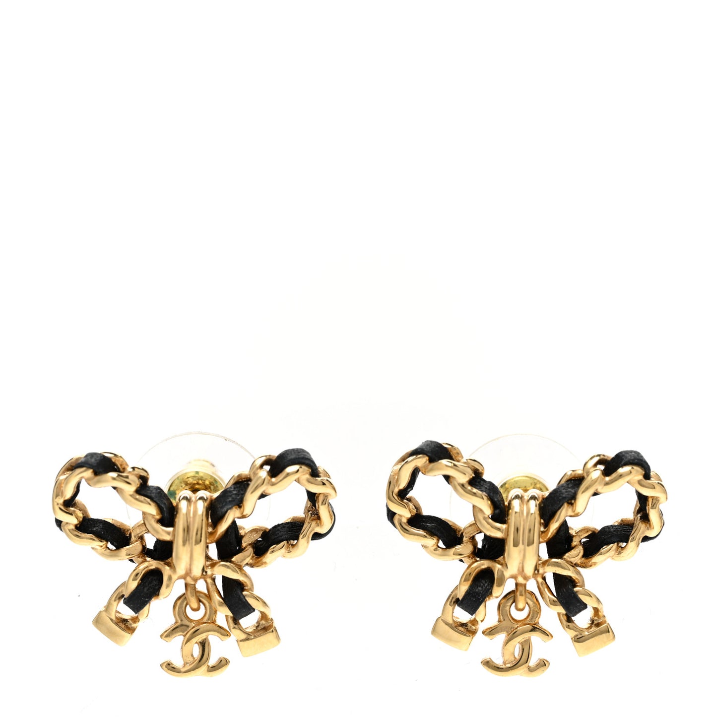 Lambskin Chain Bow Stud Earrings Black Gold