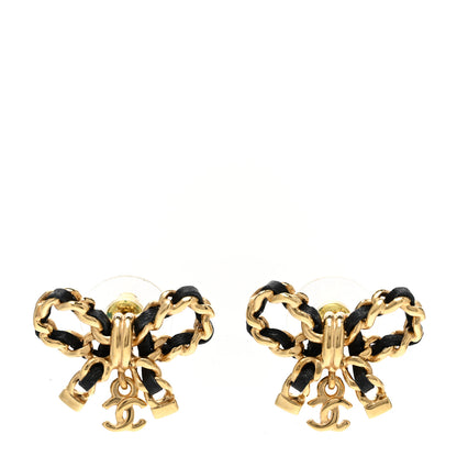 Chanel Lambskin Chain Bow Stud Earrings Black Gold 1 of 5