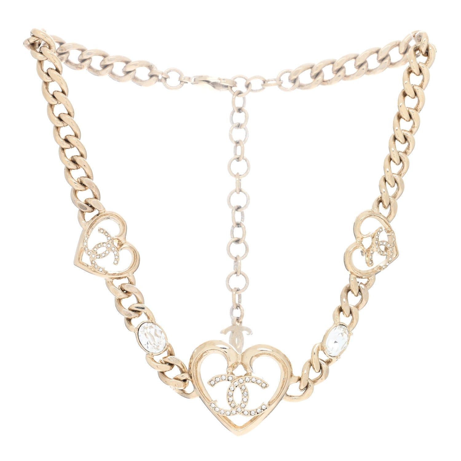 Chanel Metal Crystal Heart CC Chain Necklace Gold 2 of 4