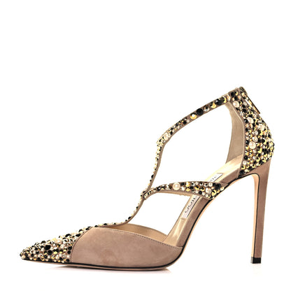 Jimmy Choo Embellished Suede Saoni 100 Pumps 37.5 Beige 1 of 14