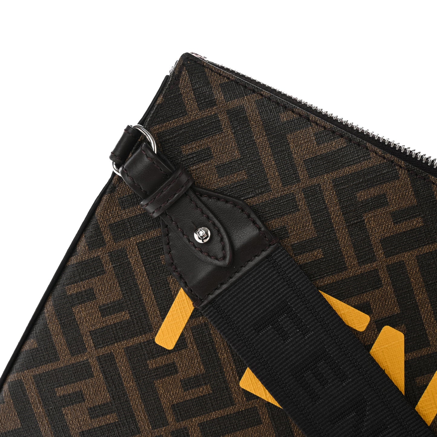 Shiny Glazed Fabric Vitello Cover FF 1974 Logo Clutch Tobacco Moro Giallo Ebano