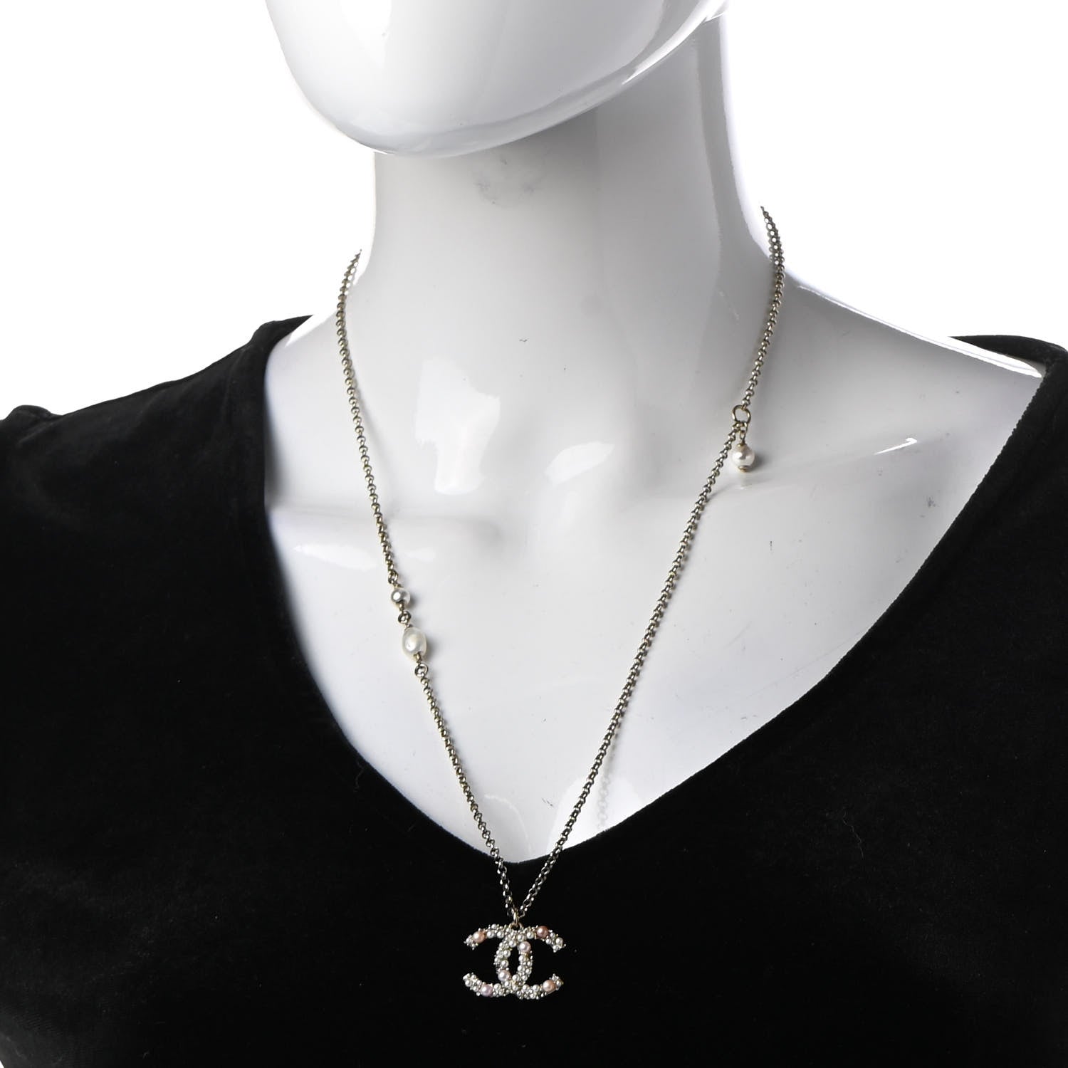 Chanel Crystal Pearl CC Pendant Necklace Gold Pink 2 of 8