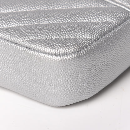 Chanel Metallic Caviar Chevron Quilted Small Vintage Mademoiselle Clutch With Chain Silver 10 of 14
