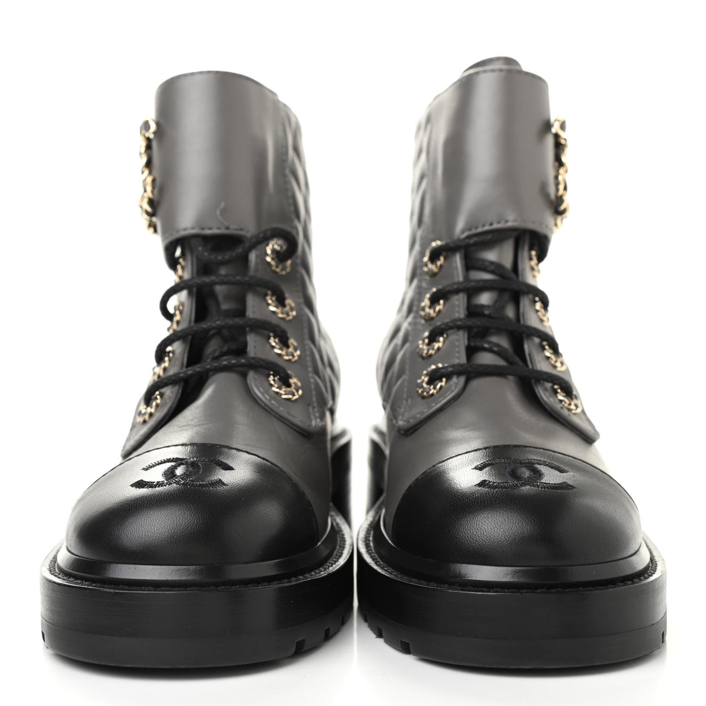 Shiny Lambskin Quilted Lace Up Combat Boots 36.5 Grey Black