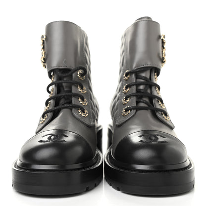 Chanel Shiny Lambskin Quilted Lace Up Combat Boots 36.5 Grey Black 2 of 12