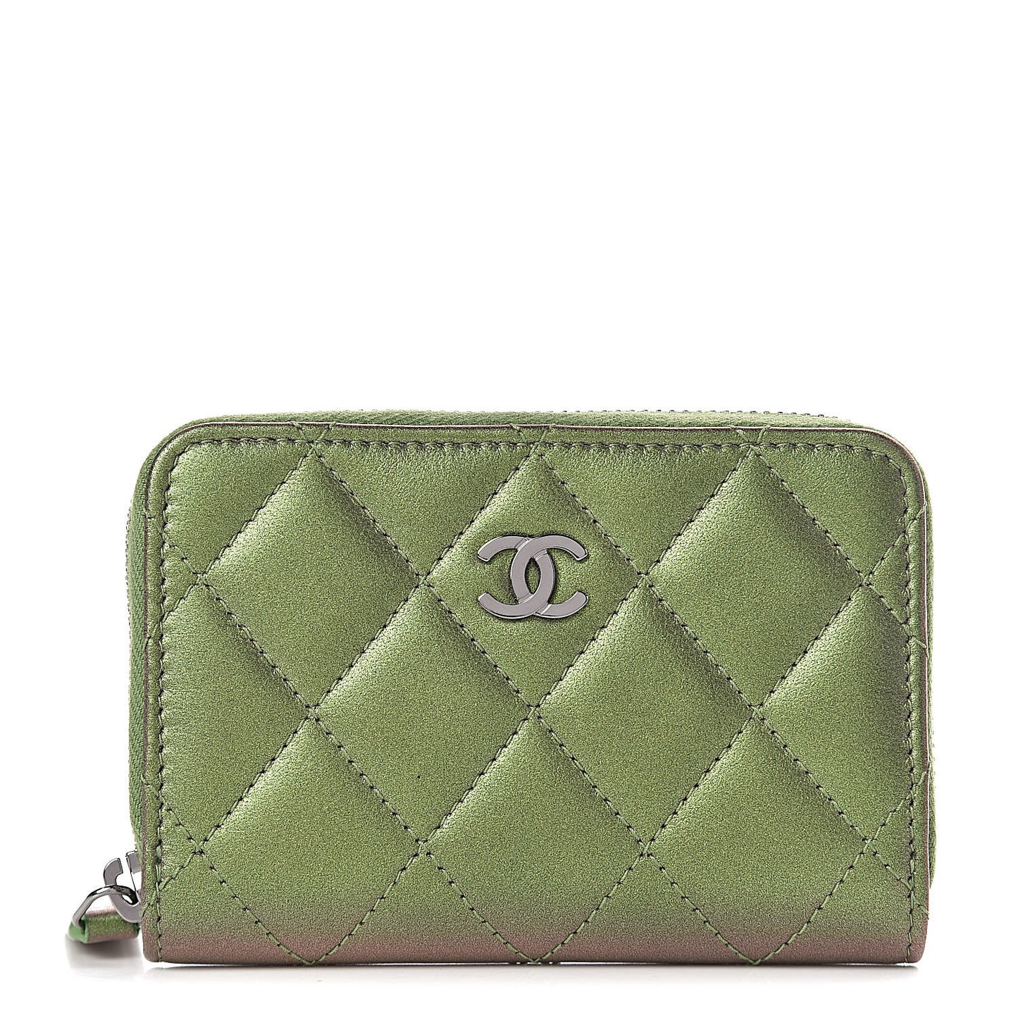 Metallic Lambskin Quilted Zip Around Coin Purse Wallet Green