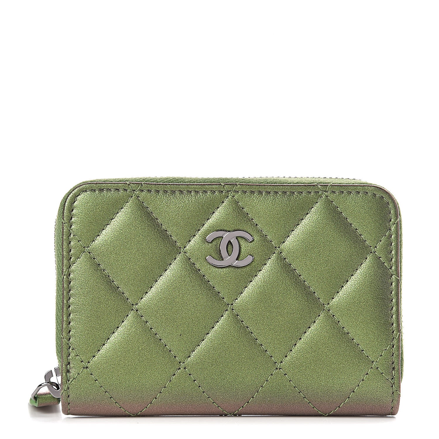 Chanel Metallic Lambskin Quilted Zip Around Coin Purse Wallet Green 1 of 8