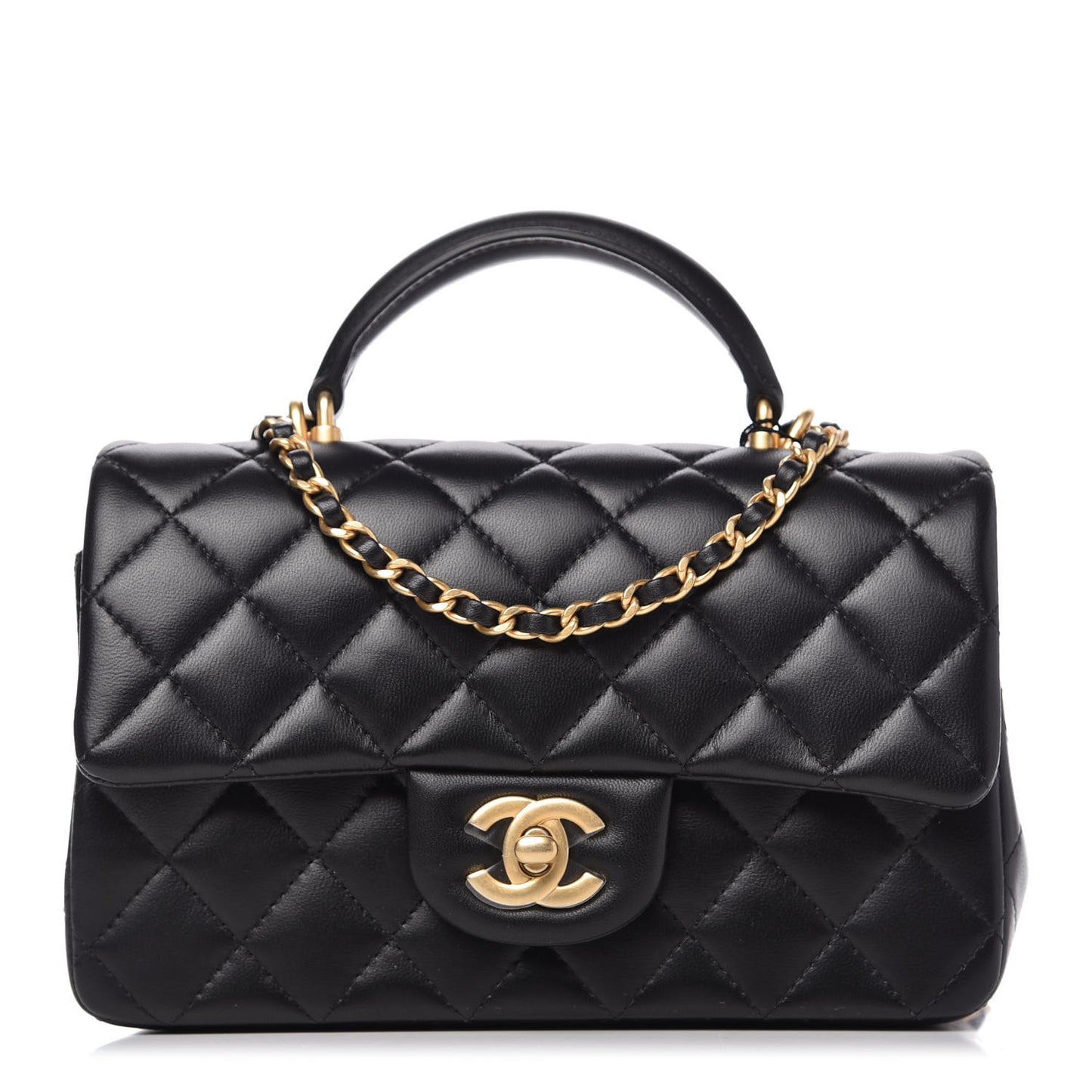 Lambskin Quilted Mini Top Handle Rectangular Flap Black
