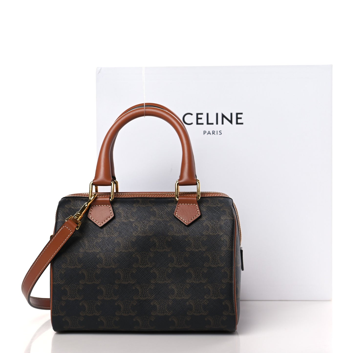 Triomphe Canvas Calfskin Small Boston Bag Tan